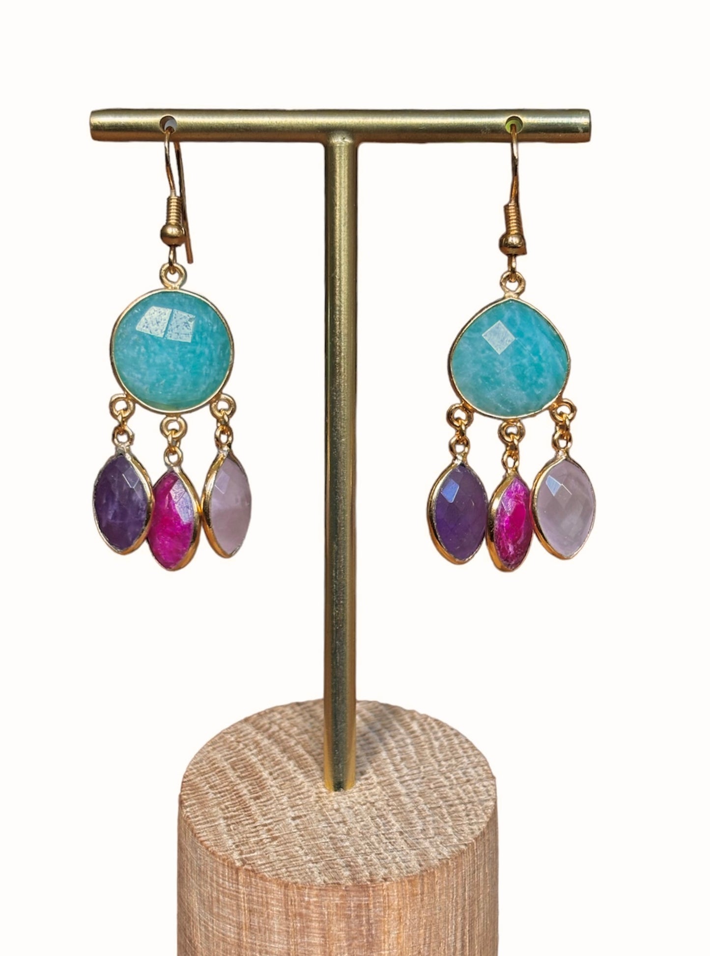 Boucles d'oreilles Levie AMAZONITE /  AMETHYSTE / QUARTZ ROSE / SILLIMANITE ROUGE